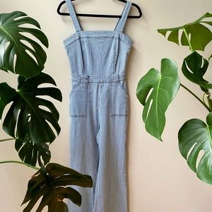 Modern Stripped Blue Denim Overall Jumpsuit